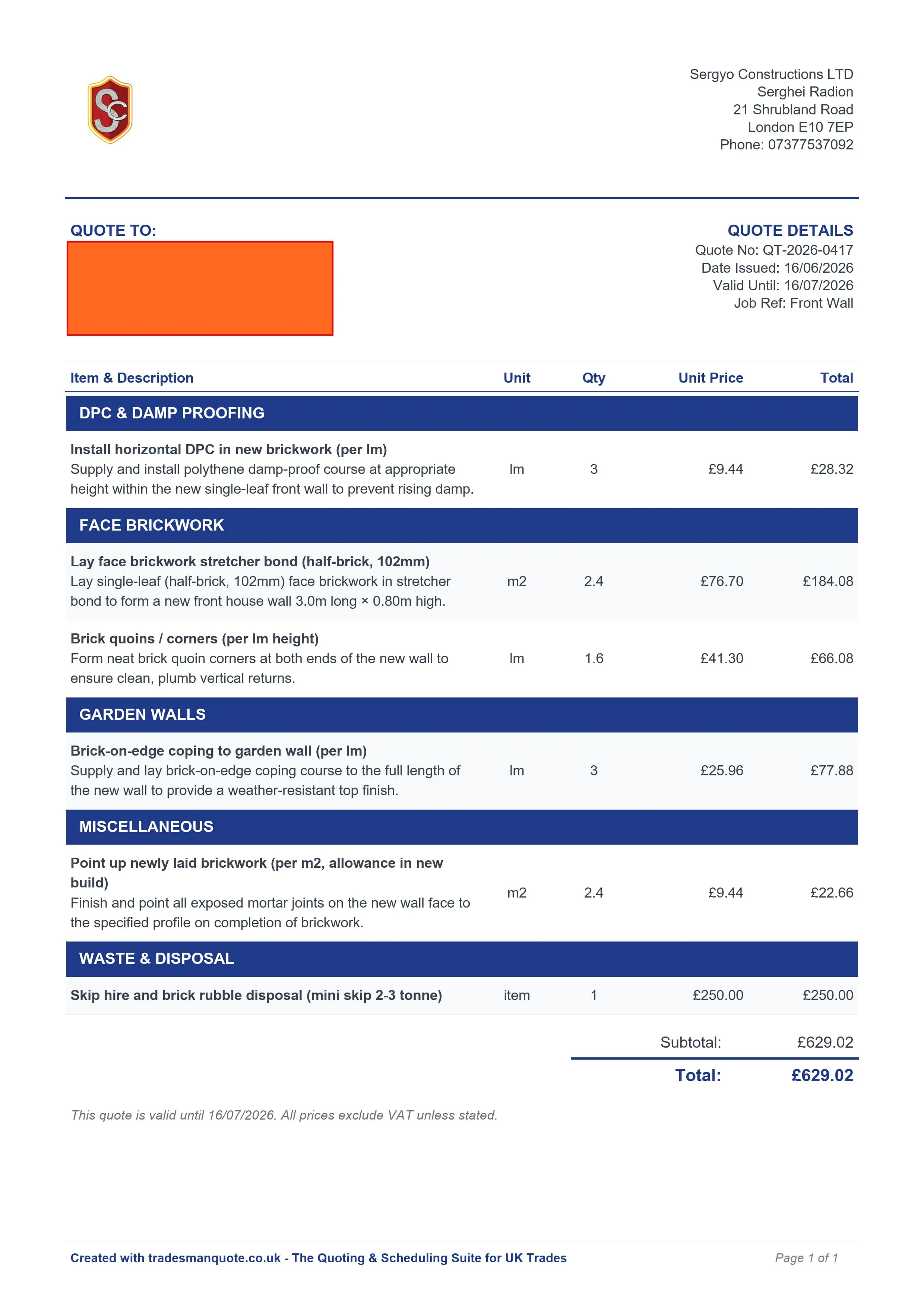 Branded Quote PDF Preview for Sergyo Constructions LTD