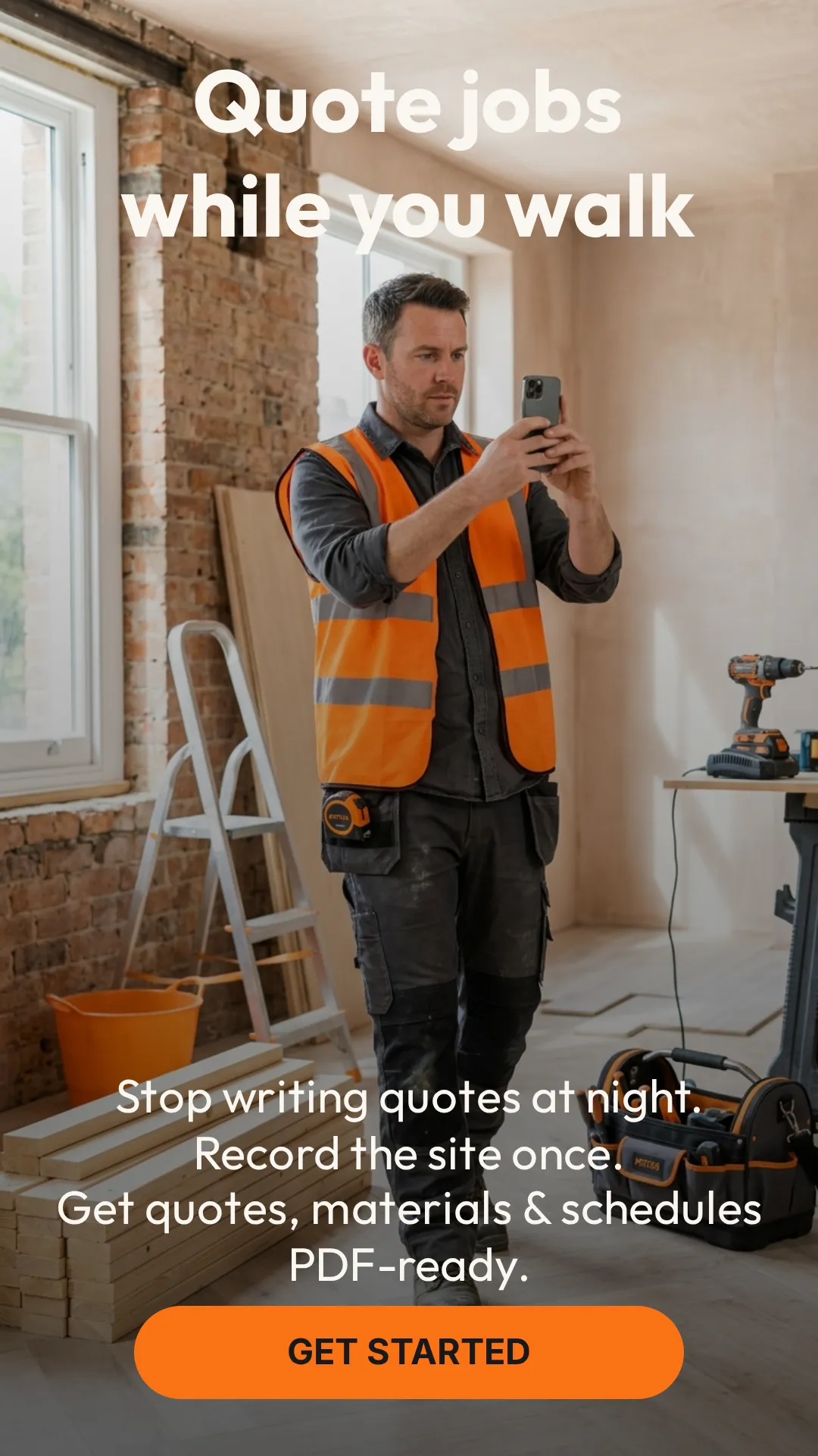 Tradesman recording a site walkthrough on his phone to generate a quote